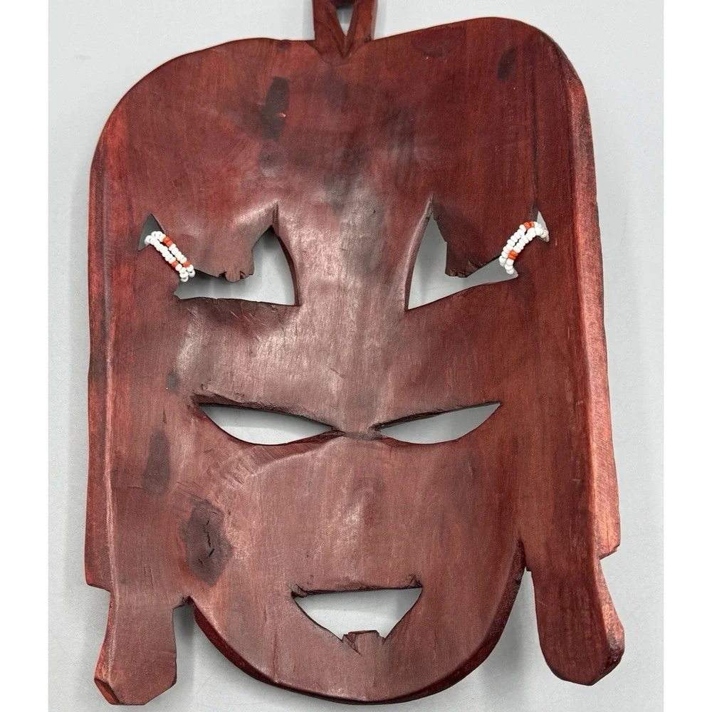 Vintage Hand Carved Wooden African Maasai Beaded Mask Kenya Wall Decor